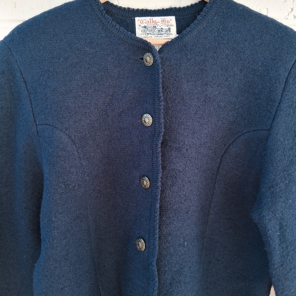 Vtg Tally-Ho Creation Blue Sweater Pollak Cardigan Button Size M - Picture 3 of 10